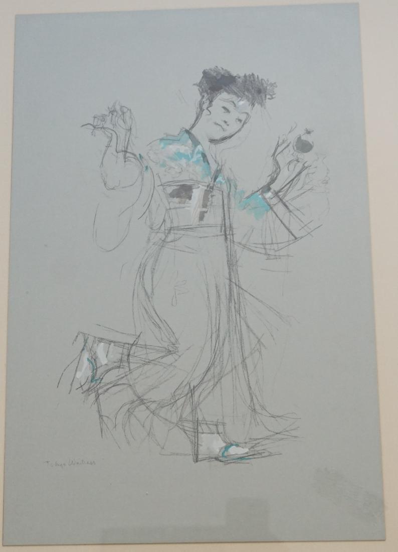 JACK LEVINE (NY/MA, 1915-2010): Jack Levine Original Pochoir Print on Ingres Paper with hand coloring. "Tokyo Waitress" 1970. Created for "Facing East", a limited edition portfolio of lithographs, woodcuts, pochoir and phototype rep