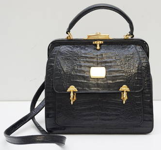 VALENTINO GARAVANI ALLIGATOR BAG: Noir Alligator Valentino satchel bag with gold-tone hardware, single flat top handle and shoulder strap, single pocket with snap closure at front flap, back leather lining, logo placard at interior wa