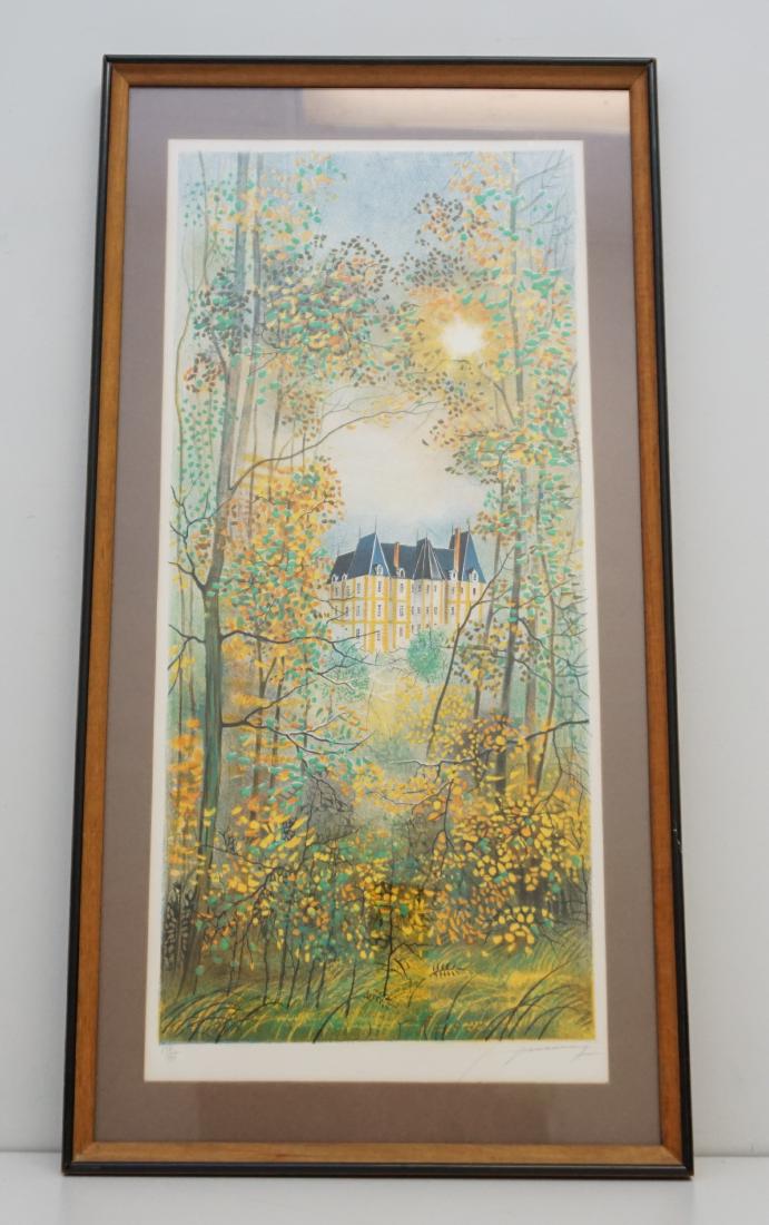 CLAUDE GROSPERRIN MID CENTURY LITHO: This is an original lithograph by noted 20th mid century French Impressionist Claude Grosperrin. The litho portrays a Chateau as seen through a wooded clearing, with bright primary fall colors and sun