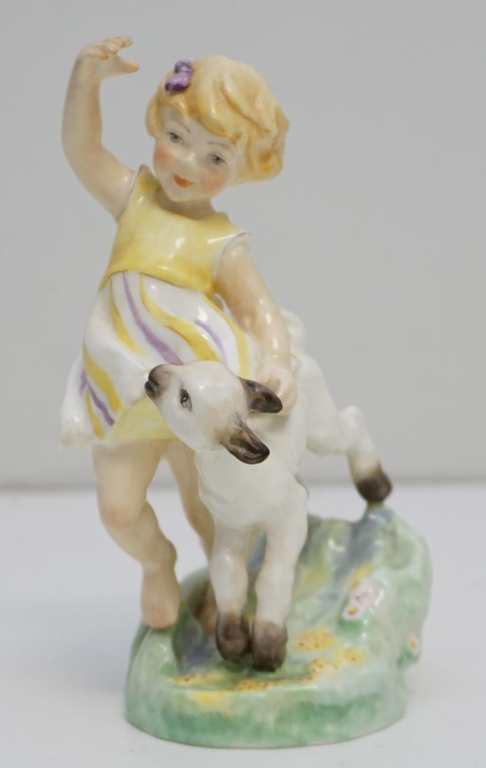 ROYAL WORCESTER DOUGHTY PORCELAIN FIGURE: Vintage Royal Worcester Porcelain Figure APRIL 3416 From Freda Doughty's Months of Year c. 1949. Young Girl With Lamb measures 6 1/2". Weight 8.6 oz. PROVENANCE: A Charleston SC Private Estate.