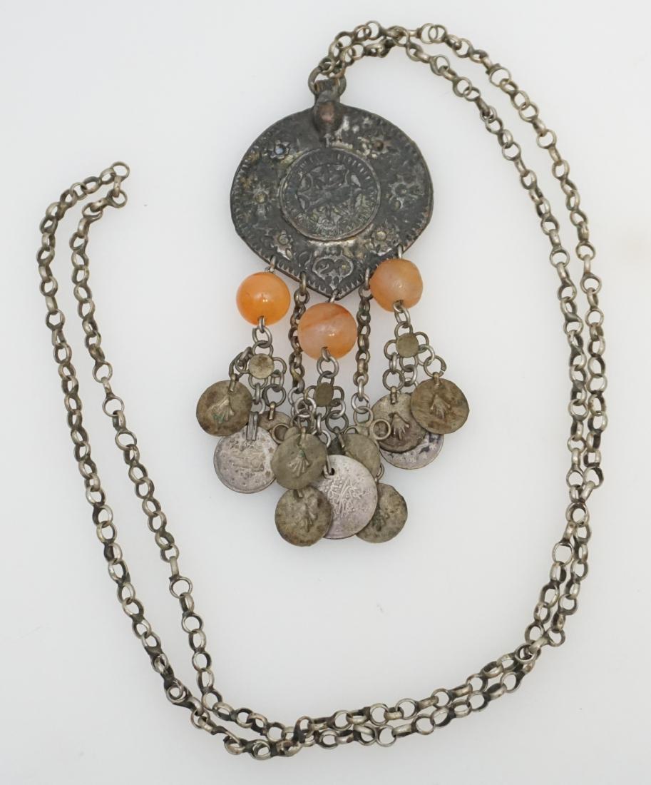 TURKISH OTTOMAN BRONZE CARNELIAN NECKLACE: Antique Turkish Ottoman Bronze and Carnelian Necklace, late 19th c. Pendant 4 1/2", Chain 16". Weight 2.6 oz. PROVENANCE: A Charleston SC Private Estate.