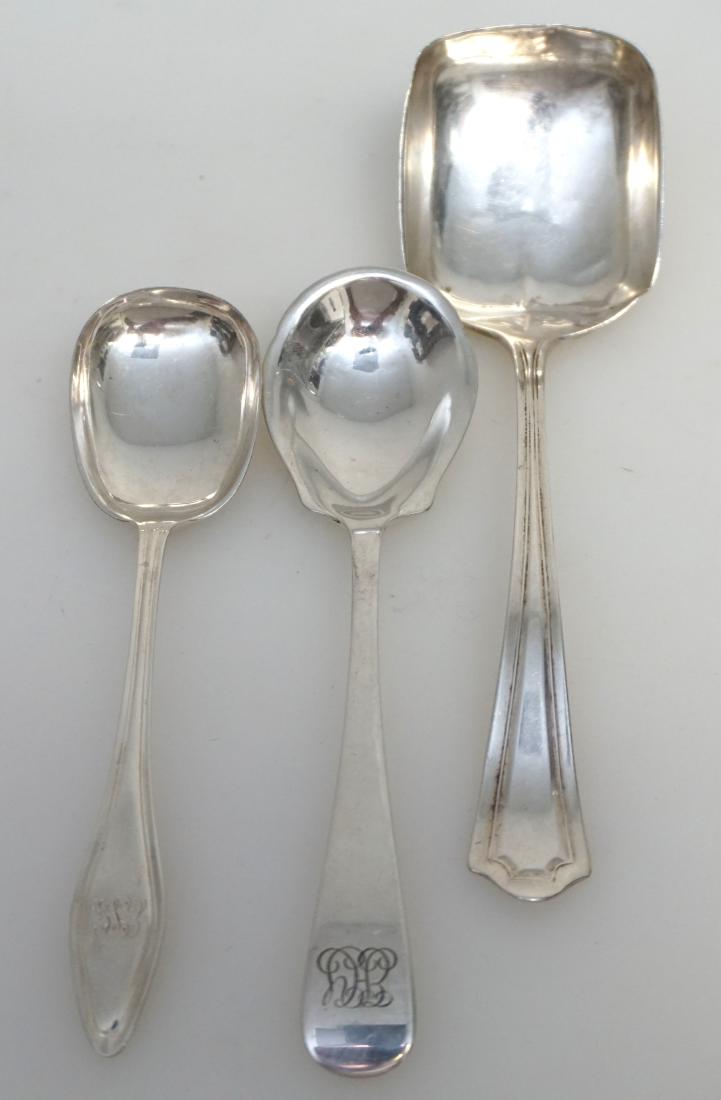 3 STERLING LADLE & SUGAR SPOONS: All American Sterling. 1- Dominick & Haff Sterling Old English Antique 1880, monogrammed 6". 2- Towle Sterling Mary Chilton 1912, monogrammed 5 7/8". 3- Manchester Silver Mary Warren Ladle, Square Bow