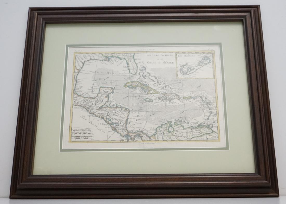 1787 HAND COLORED LES ISLES ANTILLES: Antique 1787 Hand Colored Map - Les Isles Antilles et le Golfe Du Mexique [Bermuda Inset] By Rigobert Bonne. Detailed map of the Caribbean, Florida, Gulf Coast and Central America, showing islands, cu