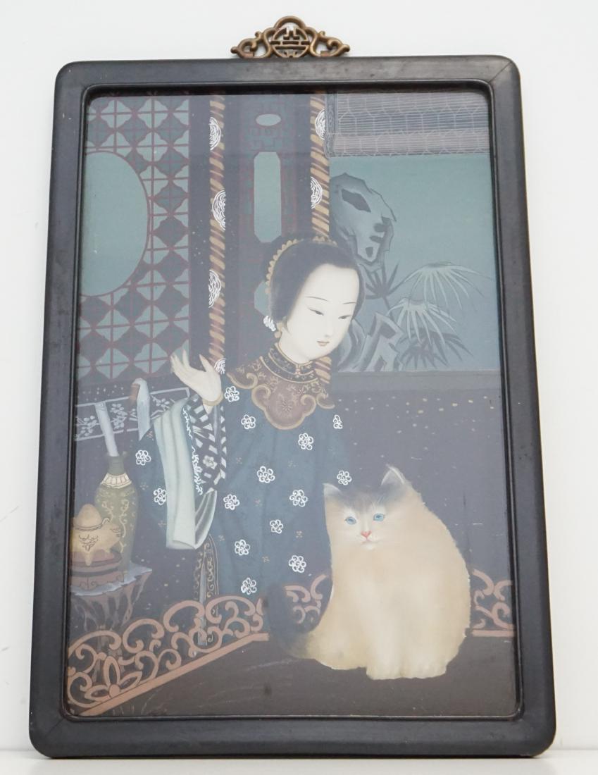 CHINESE MAIDEN W CAT REVERSE PAINTING: Chinese Export Reverse Painting on Glass, Maiden with her pet Cat. In ebony painted wood frame with brass hanger. Well done, very good condition. Measures 14" x 20.75" in frame. Image measures 12" x 1