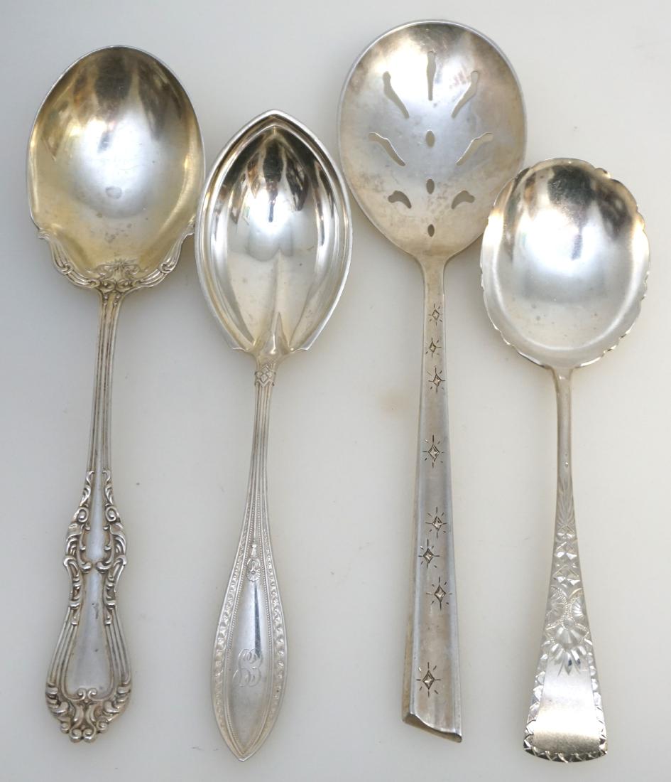 4 STERLING SILVER SERVING SPOONS: All are American Sterling Silver. 1- Frank W. Smith Sterling Silver 1928 Countess Serving Spoon, back monogrammed 8 1/4". PROVENANCE: A Charleston SC Private Estate. 2- Whiting Manufacturing Sterling 