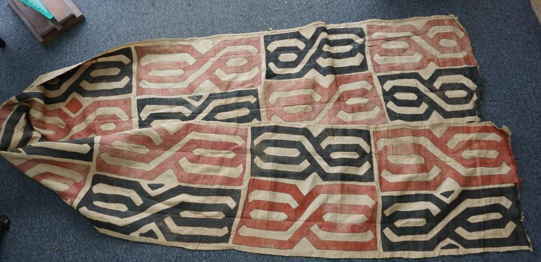 LARGE KUBA CLOTH PANEL 16 ft.: Large older African Kuba Raffia Cloth Panel. Measures 199" long and 24" wide. Weight 3 pds. Kuba cloth is being Graphically distinctive and richly evocative of central Africa, Kuba cloth is handwoven 