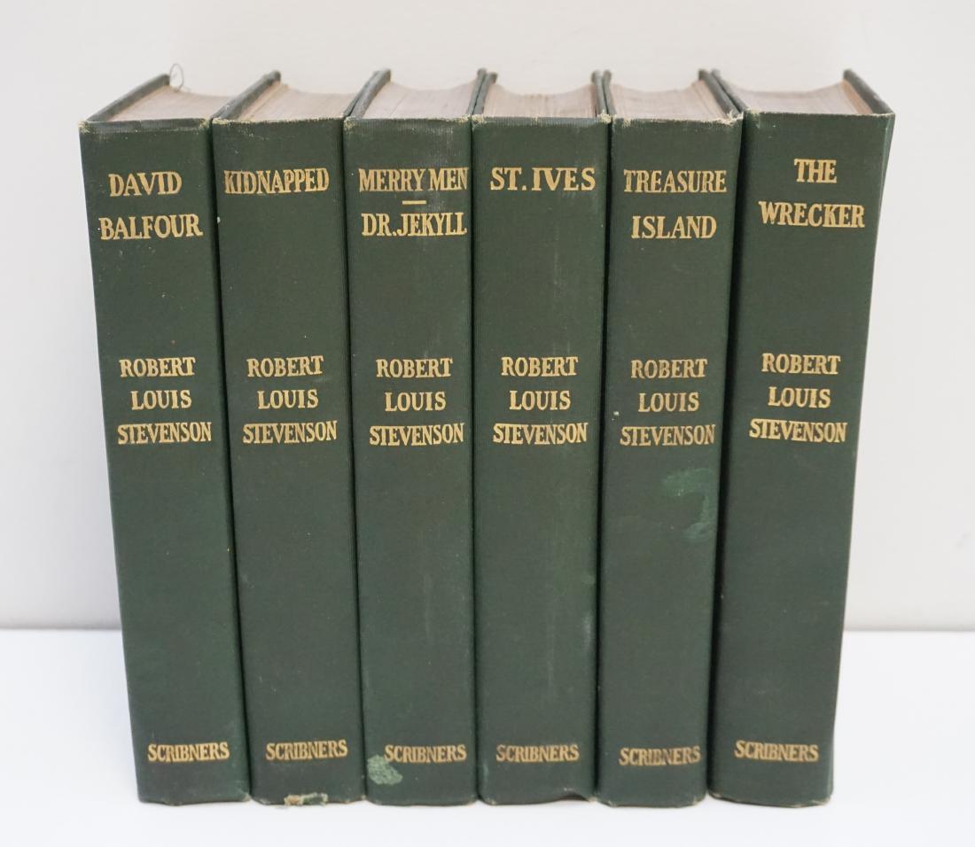 6 ROBERT LOUIS STEVENSON BOOKS 1908: Six (6) Robert Louis Stevenson Books published by Charles Schribner's Sons, New York, 1908. Cloth Green Printed. Good condition, minor age expected wear. Each 7 1/2". Weight on all 7 pds 6 oz. PROVENA