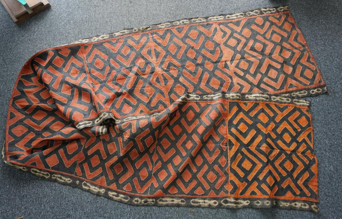 LARGE KUBA CLOTH PANEL 14 ft.: Large older African Kuba Raffia Cloth Panel. Measures 167" long and 27" wide. Weight 3 pds. Kuba cloth is being Graphically distinctive and richly evocative of central Africa, Kuba cloth is handwoven 