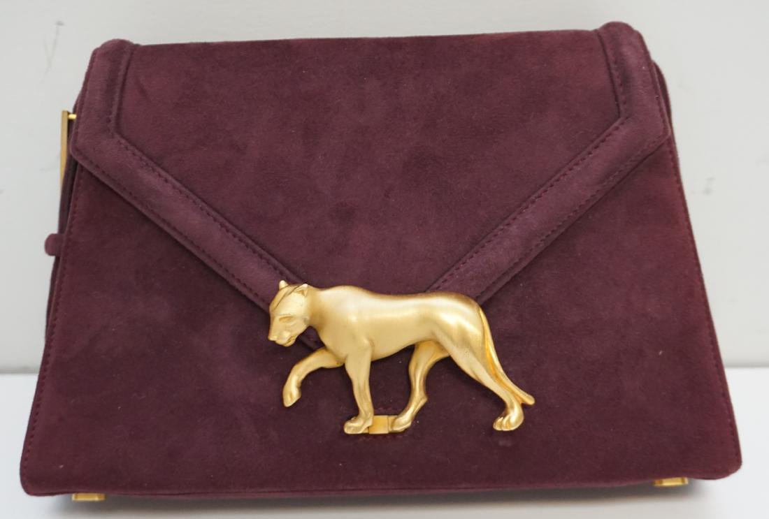 VALENTINO GARAVANI PANTHER HANDBAG: Valentino Garavani Burgundy Suede Panther bag. Burgundy Suede, gold figural panther clasp, suede shoulder strap and V stamped gold feet. Lined with black kidskin. Interior with zippered pocket. This i