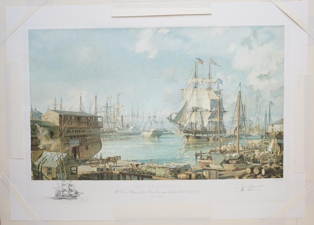 LARGE JOHN STOBART SAN FRANCISCO LITHO: Large San Francisco: The “Vicar of Bray” in Yerba Buena Cove During the Gold Rush in 1849 by John Stobart. Hand signed and numbered color lithograph. Paper measures 39.50" x 28.75". Included in Sa