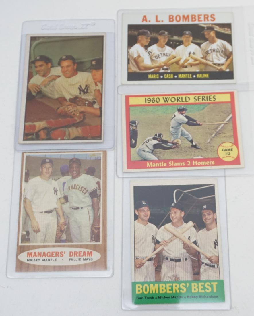 5 MICKEY MANTLE YANKEES 1960s TOPPS + BOWMAN: 1- 1953 Bowman Color #44 Yogi Berra, Hank Bauer, Mickey Mantle. 2- A.L. Bombers (Roger Maris/Norm Cash/Mickey Mantle/Al Kaline) - 1964 Topps. 3- #18 Managers' Dream - Mickey Mantle / Willie Mays - 196