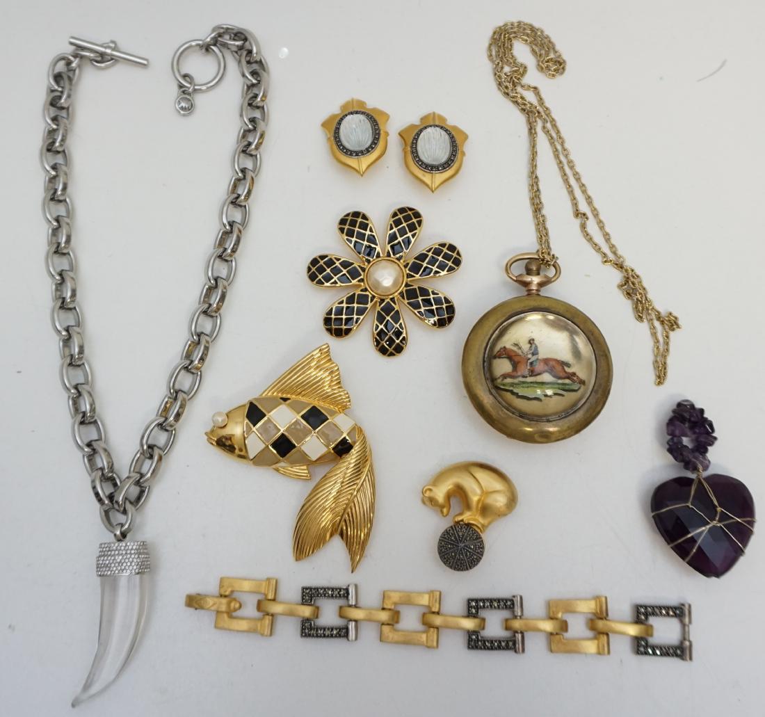 8 pc VALENTINO + JUDITH JACK COSTUME JEWELRY: Eight (8) Piece Estate Costume Jewelry Pieces. 1- Large Valentino Enameled Fish Brooch. 2- Large Valentino Enameled Flower Brooch. 3- Judith Jack Bear on Sterling Marcasite Ball. 4- Judith Jack Lucite