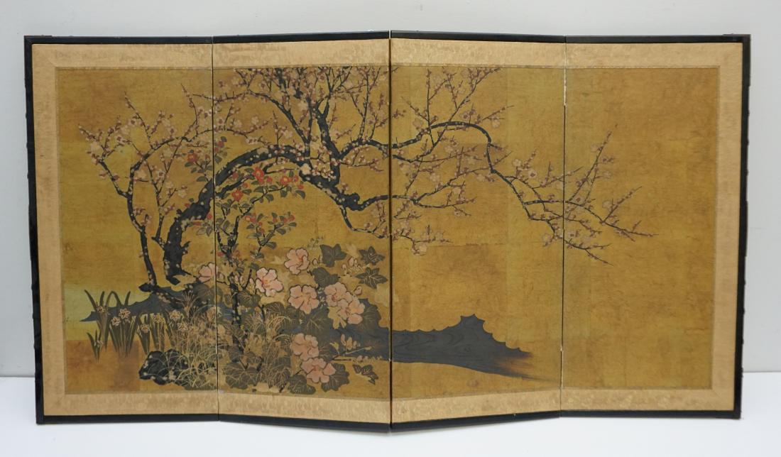 19th c. JAPANESE KANO SCHOOL SCREEN: Antique Japanese 4 Panel folding screen. 19th century, Kano school, depicting cherry blossom tree, red plum tree with lilies design on gold ground on rice paper. Each panel 9"x18 1/2"x1/2". Weight 2 p