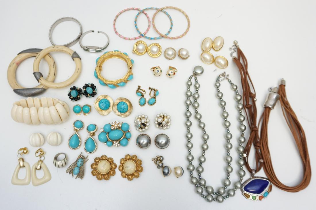 33 pc ESTATE COSTUME JEWELRY: 33 Piece Estate Costume Jewelry Items. Including a Bucherer Enameled Ladies Watch. Makes include Les Bernard, Barse, Kenneth Jay Lane, Graziano, Richelieu, Dauplaise, DeNicola, Western Germany. 8 brac
