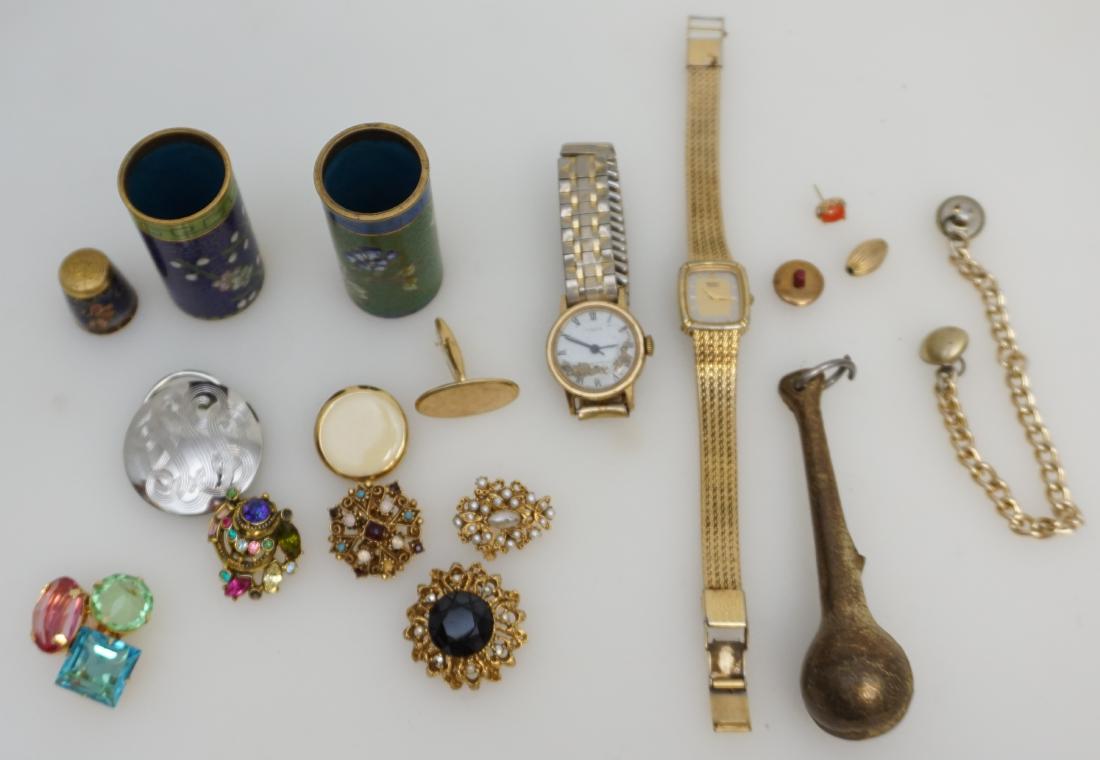 12 pc LOT CLOISONNE - JEWELRY & MORE: 12 piece mixed lot including 6 single color rhinestones earrings, small clock weight, vintage Timex and Seiko watches - not running, cloisonne thimble and 2 cloisonne brush pots 2". Weight on all 11 o