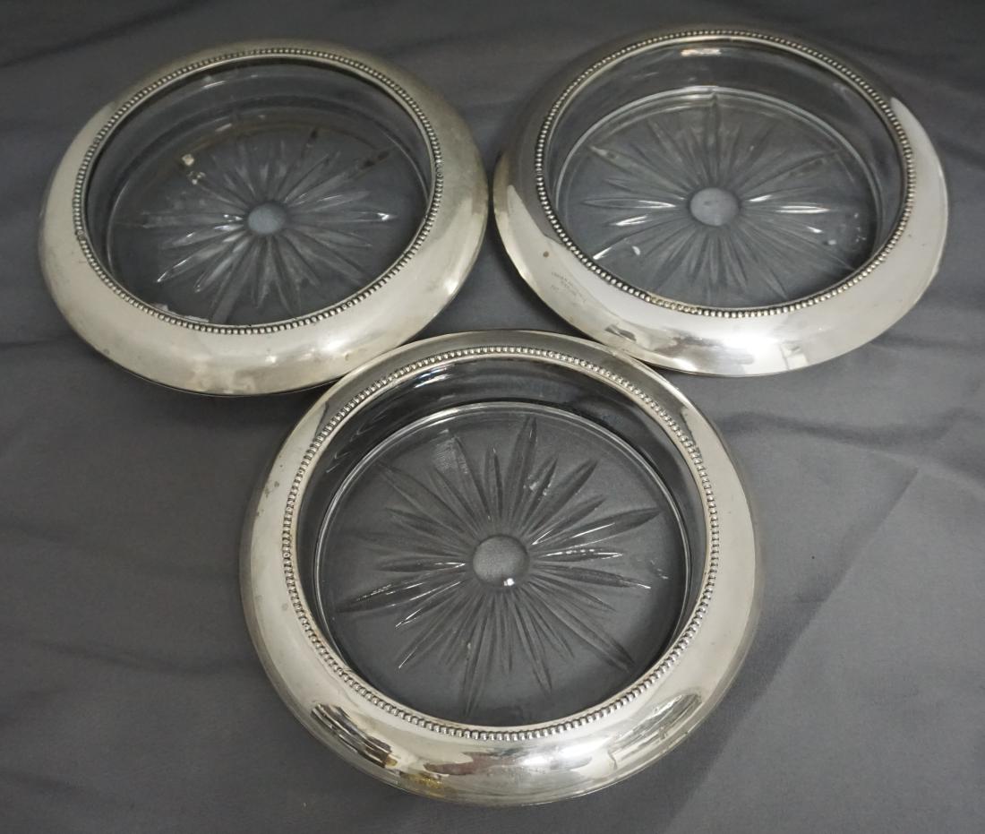 3 FRANK M WHITING STERLING WINE COASTERS: 3 Vintage Frank M. Whiting Sterling Silver Beaded Rimmed and Glass Wine Coasters. Each 6 1/2"x6 1/2"x1 1/4". Weight on all 4 pds 12 oz. PROVENANCE: A Charleston SC Private Estate.
