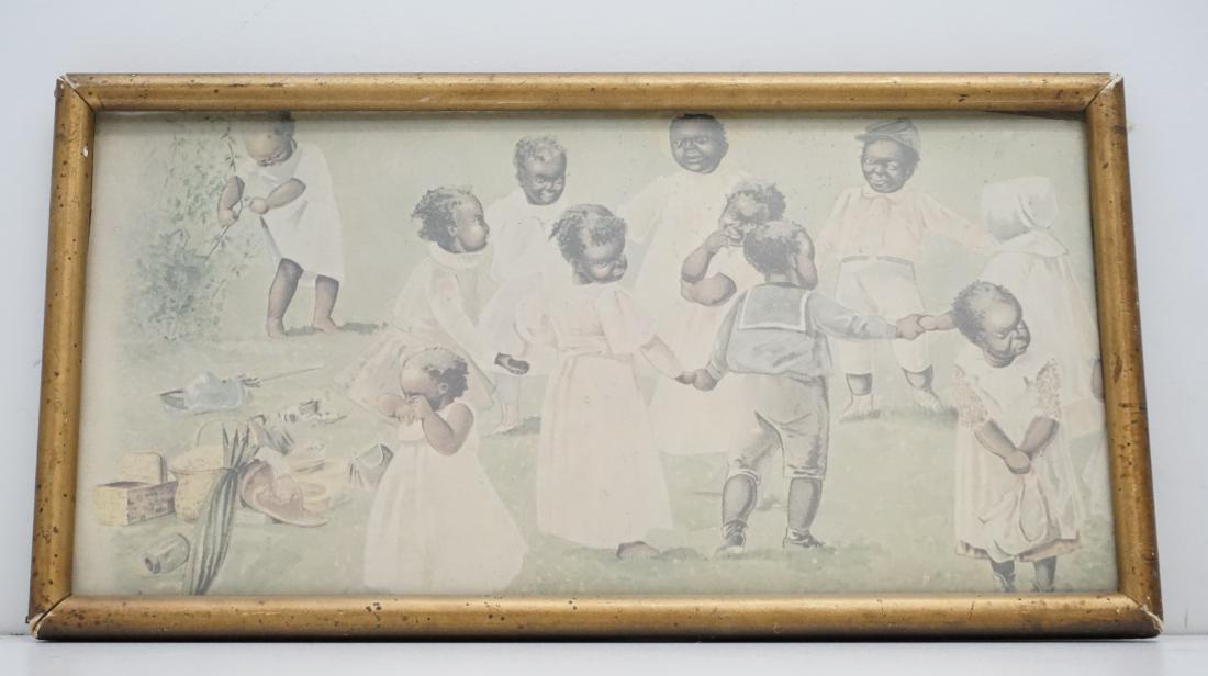 E.M. ASHE 1889 PRINT BLACK AMERICANA: A wood and glass framed old print of an Edmund Marion Ashe painting from 1889. A group of black children at a picnic, playing ring around the rosy. In frame measures 13 1.2"x7". Chip to frame bottom m