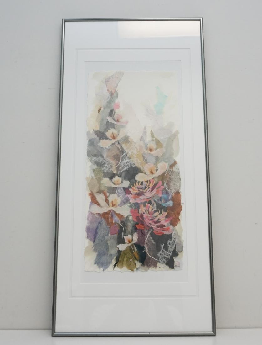 YOUNG ROK RICE PAPER ART: Young Rok Korean Rice Paper Art. Hand dyed and torn, arranged in a floral bouquet. Signed by the artist and with seal. Professionally framed and double matted. 14"x30"x1". Weight 5 pds 8 oz. PROVENANC
