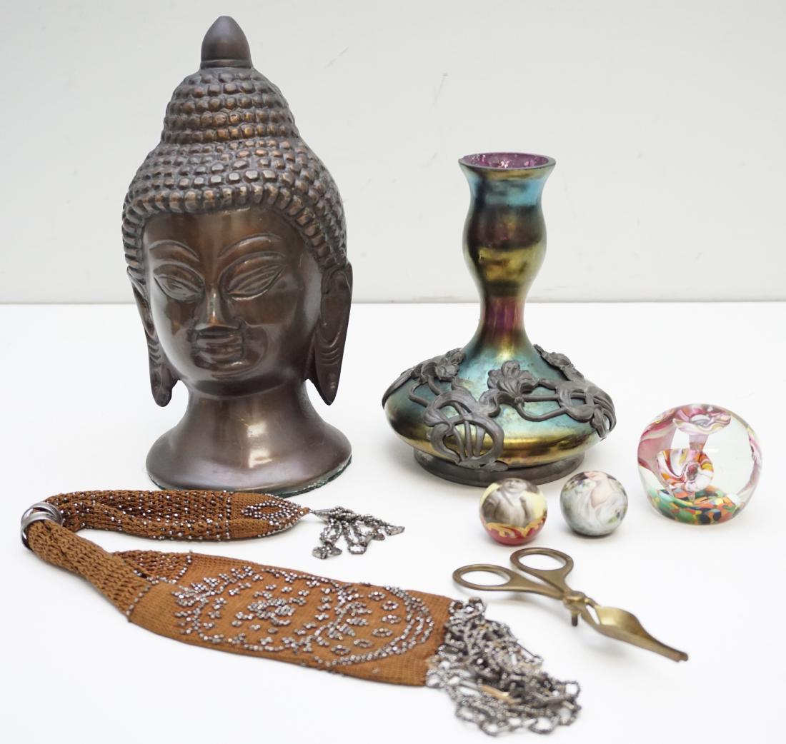 7 PC DEALER LOT - ANTIQUES +: 1- Art Nouveau Loetz Vase, Iridescent, Riceszinn Iris Pewter Overlay, 6 inch, chip to rim. 2- 20th c. Bronzed Metal Buddha Head 9". 3- Vintage Small Hand Blown Flower Paperweight with control bubbles