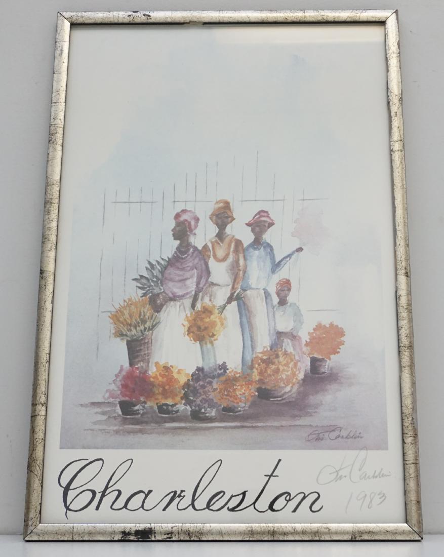 CHARLESTON FLOWER LADIES PRINT: Vintage Charleston Market Flower Ladies Watercolor Poster signed by the artist, Otis Camblin. Framed under glass, measures 12"x18"x1/2". Weight 2 pds 7 oz. PROVENANCE: A Charleston SC Private Estate.