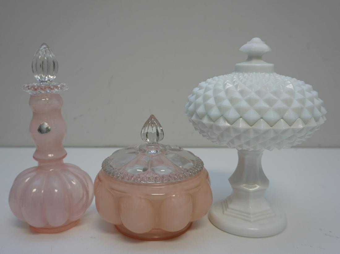 3 pc VTG GLASS FENTON & WESTMORELAND: 3 Piece Vintage 1940s American Glass Group. Westmoreland Covered Milk Glass Sawtooth Compote / Candy Dish 6 1/4"x6 1/4"x9". Fenton 1940s Rose Overlay Tall Cologne Bottle 8 3/4". Fenton 1940s Rose Over