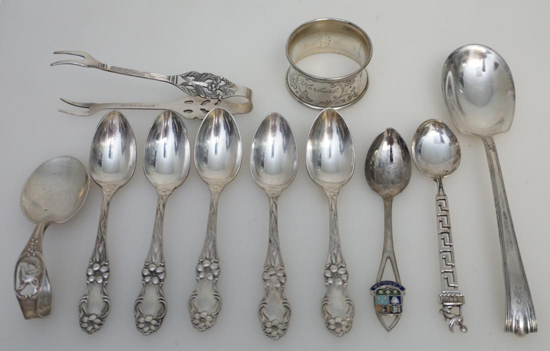 11 pc STERLING - 800 - SILVERPLATE: 1- Victorian Sterling Napkin Ring monogrammed Herbert 1 1/2"x1". 2- Lunt Sterling American Directoire 1931 Sugar Shell 6", monogrammed. 3- Wallace Sterling Collie Baby Spoon, monogrammed. 4- 800 Silve
