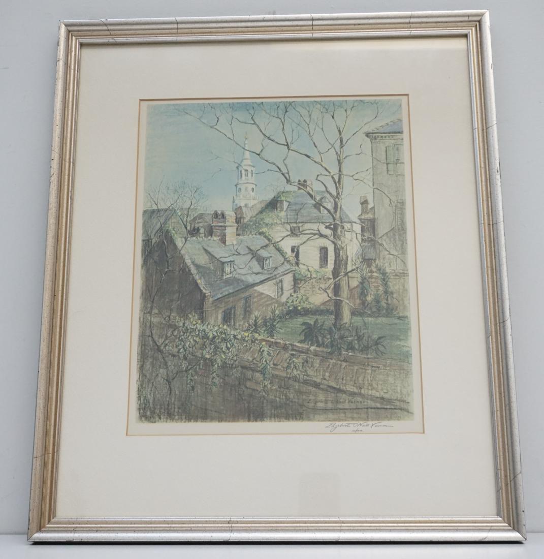 ELIZABETH O'NEILL VERNER ROOFTOPS: Framed Color Lithograph Print pencil signed lower right by Elizabeth O'Neill Verner. Rooftops with St. Michaels. Professionally framed and matted. Measures in frame 16 1/2"x19"x1". Weight is 3 pds 7 o