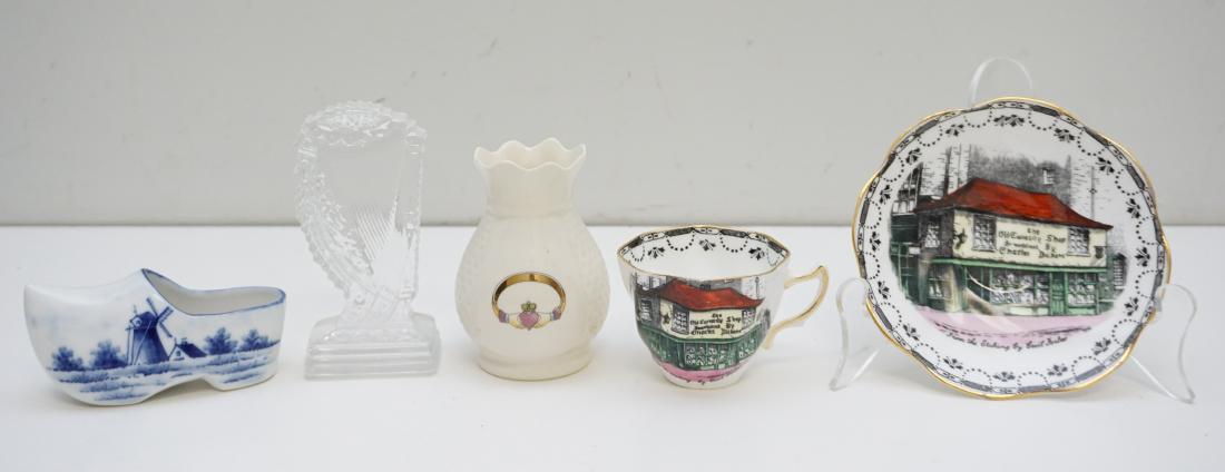 4 pc PORCELAIN & GLASS ENGLISH - IRISH - GERMAN: 1- English Bone China Cup and Saucer "The Old Curiosity Shop" by Rosina. Saucer 5", Cup 2 1/4" high. 2- Donegal Fine Irish Parian China Small Bud Vase 3 1/2". 3- Blue & White Dutch Shoe, Germany 4". 4