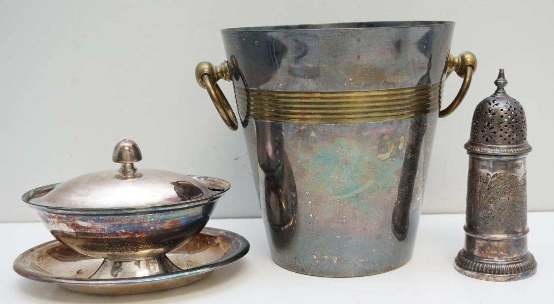 3PC SILVERPLATE BAR & TABLE ITEMS.: 1- Antique Silverplated English Muffineer by Barker Brothers 6 3/4". 2- Reed and Barton silver plated gravy boat comes with an attached tray and lid with slot for serving spoon. Measures-7 3/4"x 6” 