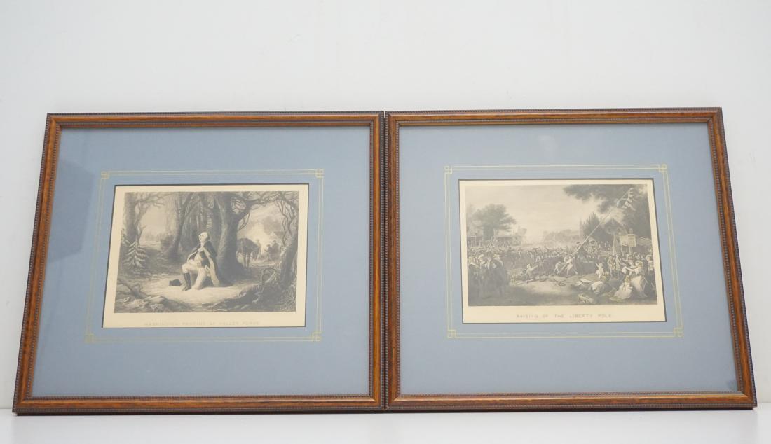 2 JOHN MCRAE PATRIOTIC ENGRAVINGS: Two Antique John McRae Engravings, in matching walnut frames with wedgwood blue mats. Raising of the Liberty Pole and Washington Praying at Valley Forge. On frames each measures 12 1/4x10 3/4"x1". Wei