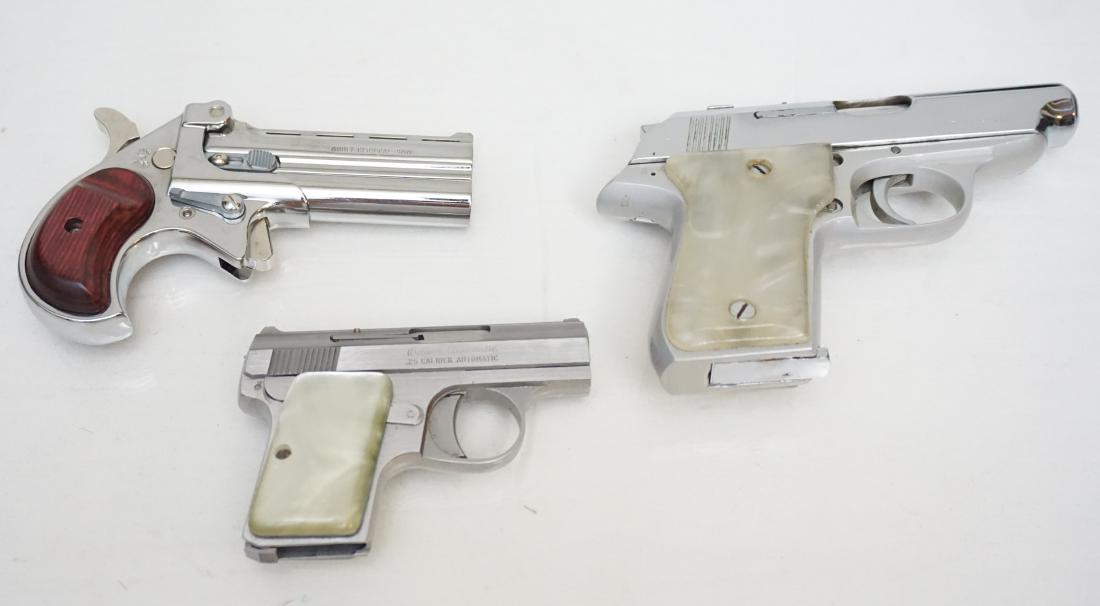 3 HANDGUNS DERRINGER - BAUER - EIBAR: 1- Cobra Firearms Long Bore Single Action Derringer 9mm Luger 3.5" Barrel 2 Rounds Rosewood Grips Chrome Finish. New in Box. 2- EA Fast Eibar 32 ACP semi-auto pistol made in Spain by MAB (ECHASA) in t