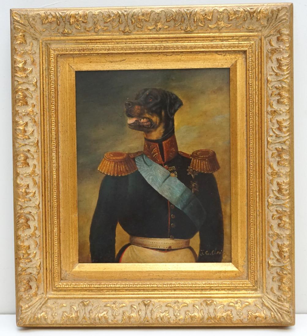 ANTHROPOMORPHIC DOG PORTRAIT ROTTWEILER: Late 20th Century Anthropomorphic Dog Portrait. Original oil on board, signed lower right "J. G. Clonney", featuring a classic Rottweiler in Military uniform. In gilt wood frame. Measures 13 1/2"x15 1