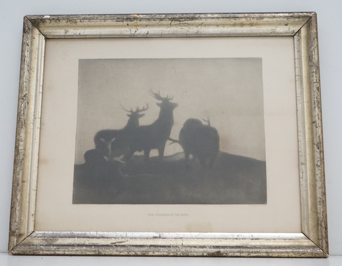 SIR EDWIN LANDSEER (1803-73) CHILDREN OF THE MIST: Sir Edwin Landseer "Children of the Mist". An engraving of four stags, a deer and a fawn grazing in the mist. The sun is a faint circle in the sky. In frame under glass. Measures 16"x13"x1". Weight 2 