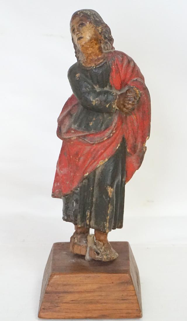 SPANISH COLONIAL 18th c MADONNA: Antique Spanish 18th c. Carved Polychromed Wood Dolorosa - Lady of the Sorrows. Totally original. Worn areas. Hands clutched in prayer, eyes cast upward to Heaven. Mounted to wood stand. On stand 9" t