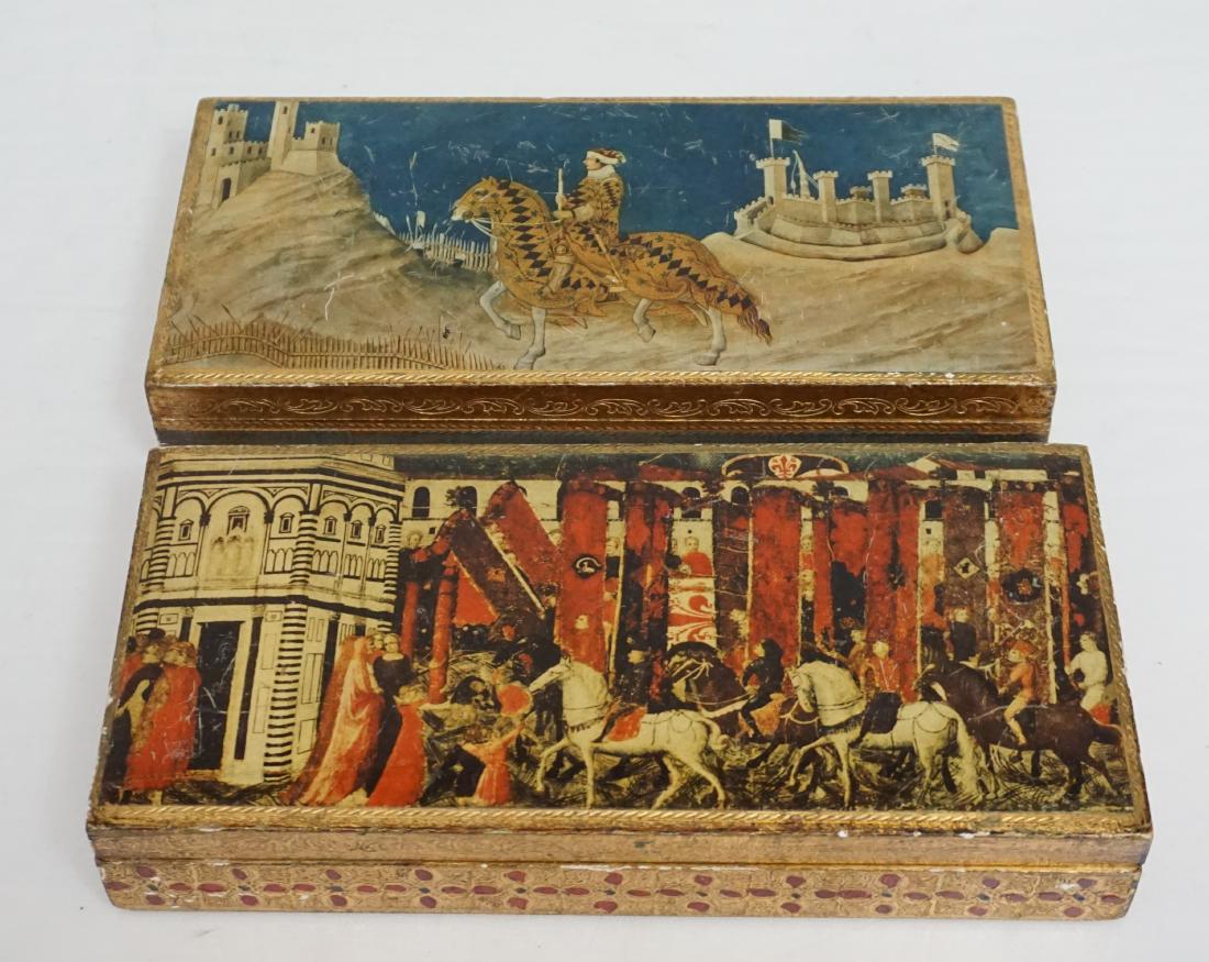 2 VINTAGE FLORENTINE BOXES ITALY: Two Vintage Mid Century Italian Florentine Rectangular Boxes both c 1960. Both have renaissance decoupaged tops, lined with red felt, marked Made in Italy. Each 9 1/2"x4 1/2"x1 1/2". Weight 1 pd. PROV