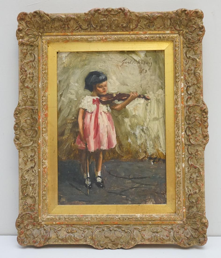 MID CENTURY OIL PAINTING- GIRL WITH VIOLIN: Mid century well done Oil Painting on Board, Young Girl with Violin 1953. Signature illigible, artist unknown. NYC label en verso. Measures 10 1/2"x7 1/2" In Frame 12"x15"x1 1/4". Weight 2 pds 7 oz.