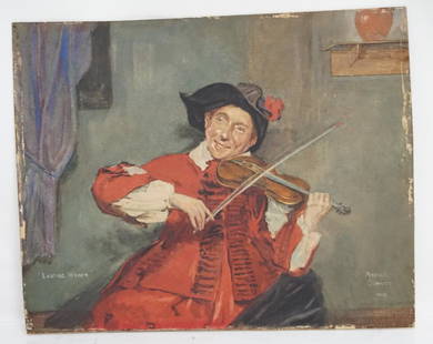 LUSTIGE WEISEN GOUACHE - SCHMIDT: Antique Gouache on board "Lustige Weisen" (funny ways) painted in 1909 by Arnold Schmidt. A pencil notation of the back says the painting is after Seymour Lucas. Very well done. Measures 11 3/4"x9