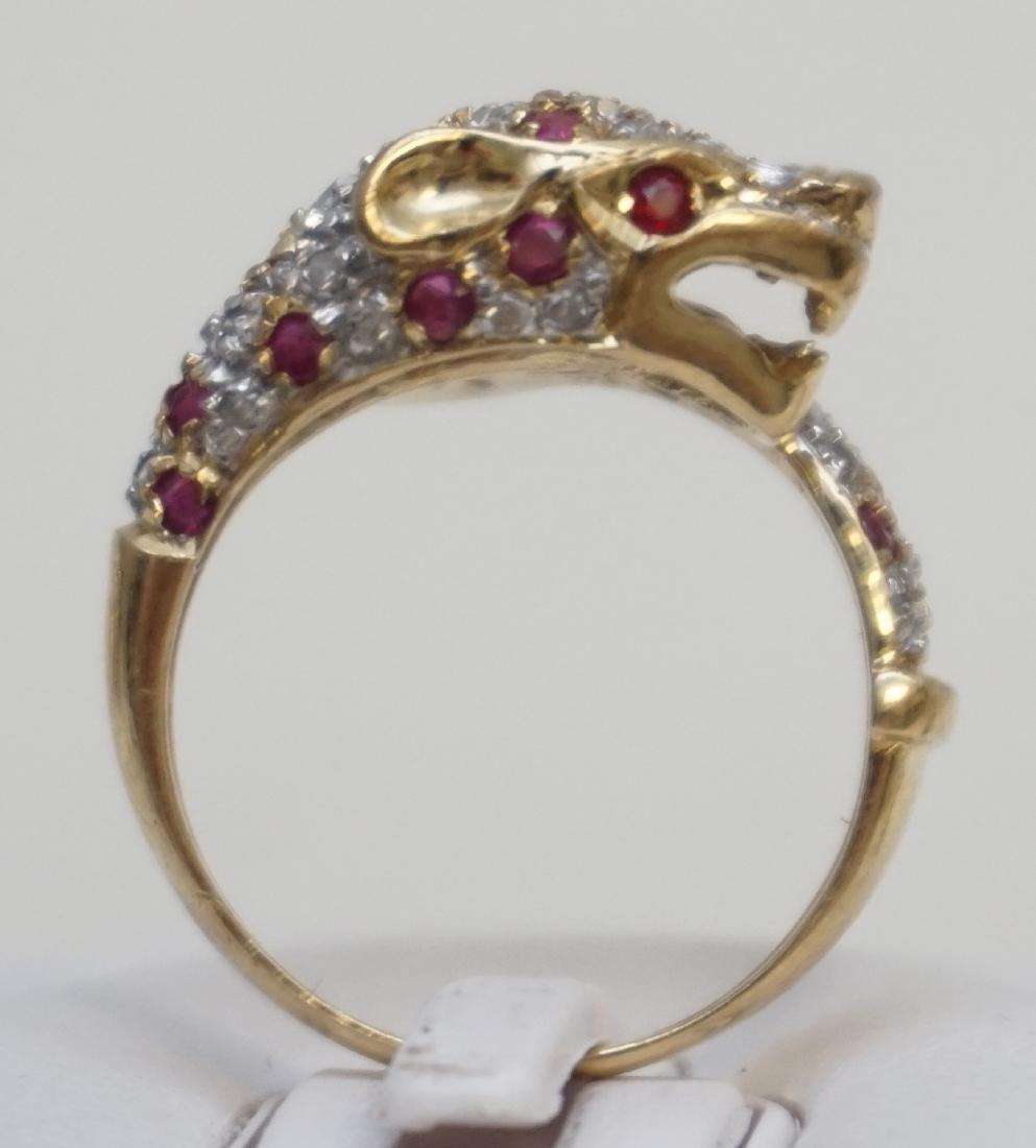 CHEETAH RUBY & DIAMOND RING- SIZE 6.50: One 14kt yellow gold ruby & diamond panther style ruby & diamond ring. The ring features a total of twenty-five (25), pave set, round mixed cut rubies, and thirty-nine (39), pave set, round single cut