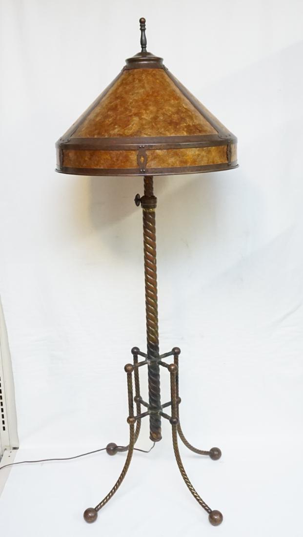 ARTS & CRAFTS DIRK VAN ERP STYLE LAMP: Arts & Craft Iron Floor Lamp with Dirk Van Erp Style Mica Shade. ( Shade) 20 across Lamp 58" high PROVENANCE: A Charleston SC Private Estate. Pickup only or Shipping on furniture offered through R & B