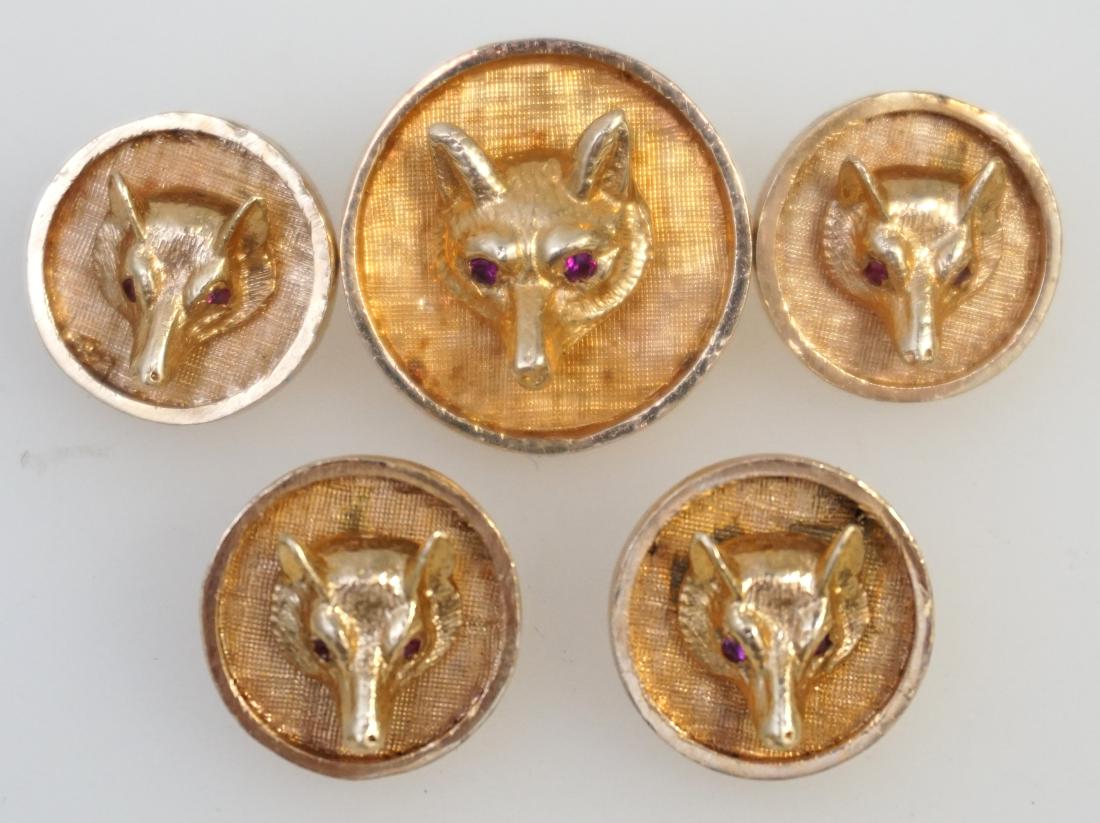5PC FOX HEAD BUTTONS 14KT GOLD & RUBY EYES- 23.7 GRAMS
