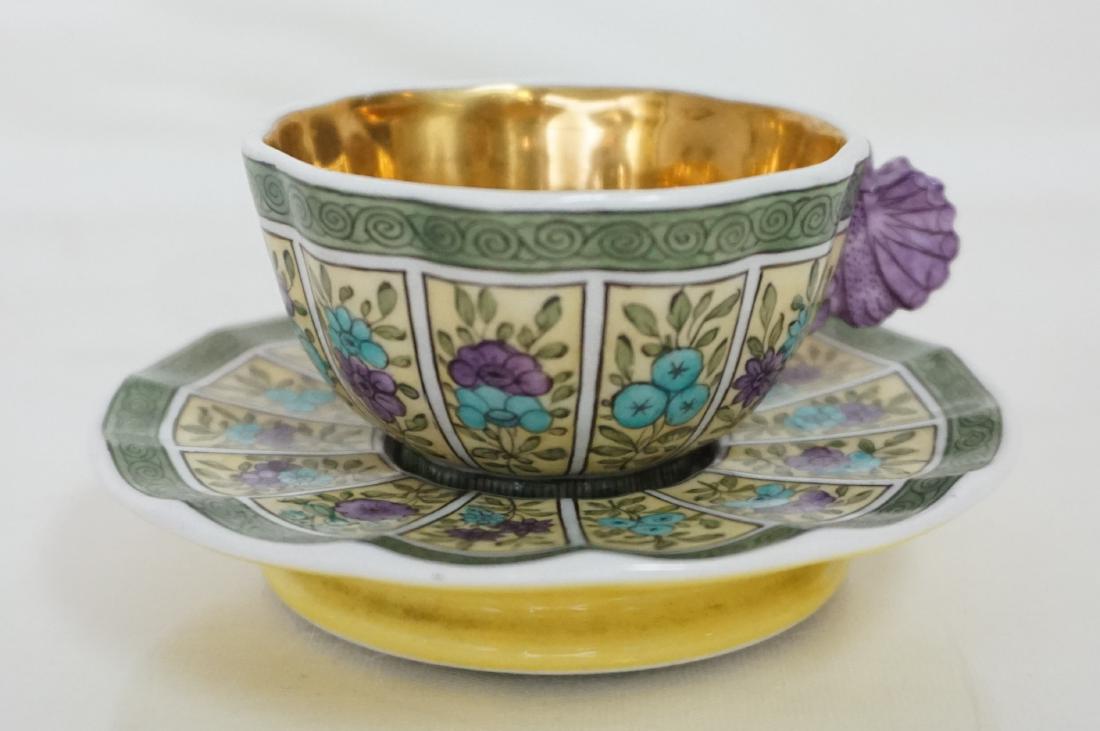 SPODE PORCELAIN RARE c 1810 BUTTERFLY CUP: A rare Spode Porcelain Cabinet Cup and Saucer of a Smaller Size. This example dates to 1810 to 1815. The green & yellow cup and saucer decorated with delicate hand painted berries and flowers in blue 