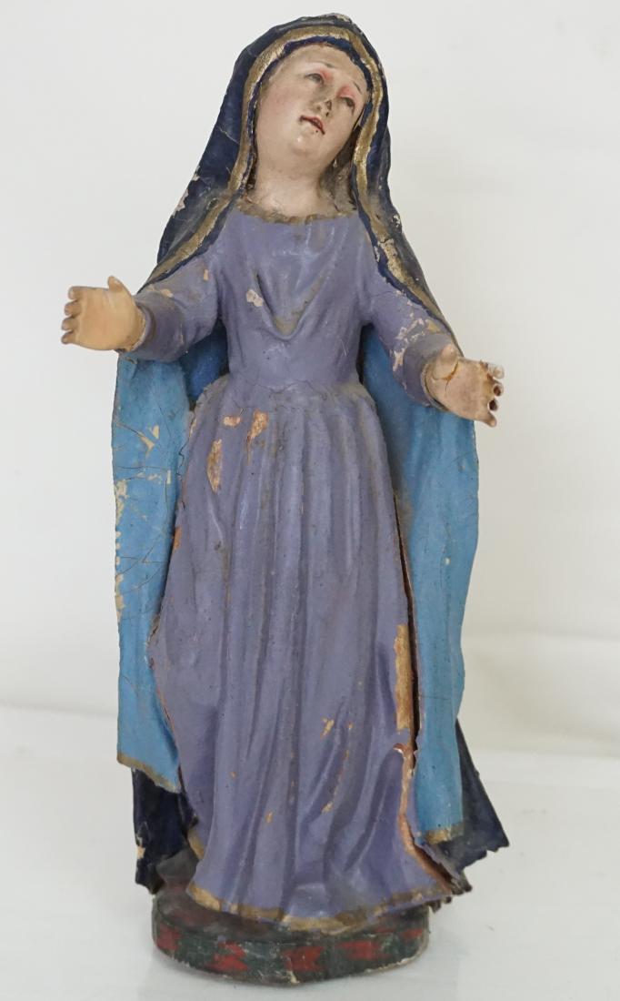 SPANISH COLONIAL 18th c MADONNA: Antique Spanish 18th c. Carved Polychromed Wood Dolorosa - Lady of the Sorrows. Glass Eyes. Totally original. Worn areas, 2 fingers missing. Hands outstretched, eyes cat upward to Heaven. Excellent ex