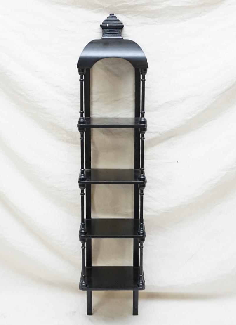 BLACK CHINOISERIE LONG WALL SHELF: Black Chinoiserie Long Hanging Wood Wall Shelf. Pagoda Top with 4 shelves. Measures 9 x 7.5 x 44.5". PROVENANCE: A Charleston SC Private Estate. **Pickup only or Shipping on furniture offered through 