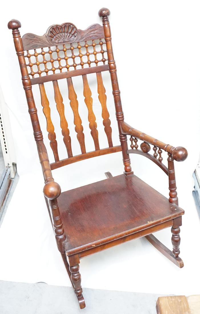 OAK STICK & BALL ROCKING CHAIR: Victorian Oak Ball and Stick Rocking Chair. Good condition. 25.5 x 21 x 48.5" PROVENANCE: A Charleston SC Private Estate. **Pickup only or Shipping on furniture offered through R & B Shipping 404-525-