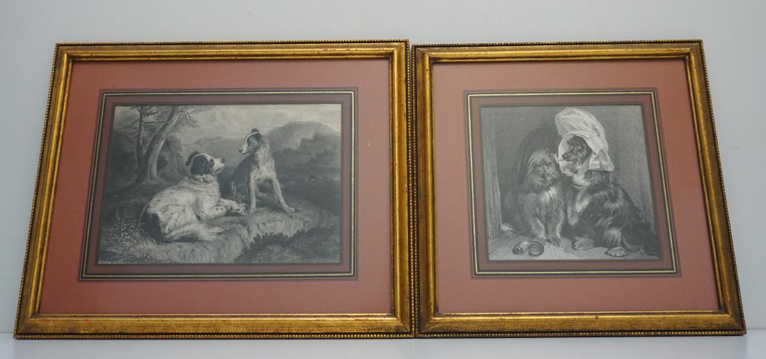 2 EDWIN LANDSEER DOG ENGRAVINGS: Two Professionally Framed Dog Engravings after Sir Edwin Landseer. PROVENANCE: A Pawleys Island SC Estate. In Frame Smaller 14 x 14 x 1" / Image 7.5 x 7.5"/ Larger 17.25 x 14.25 x 1" / Image 10.75 x 7