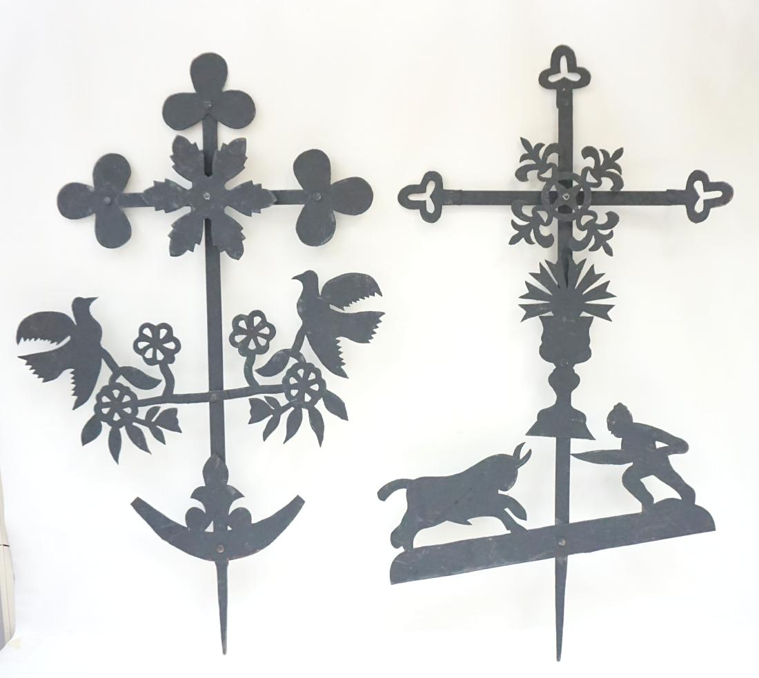 2 WROUGHT IRON WALL SCULPTURES: 2 Vintage Wrought Iron Wall or Yard Art Sculptures. Birds & Flowers 32"x19"x1 1/2". Bullfighter 32"x17"x1 1/2". Weight 6 pds, PROVENANCE: A Private Charleston SC Estate.