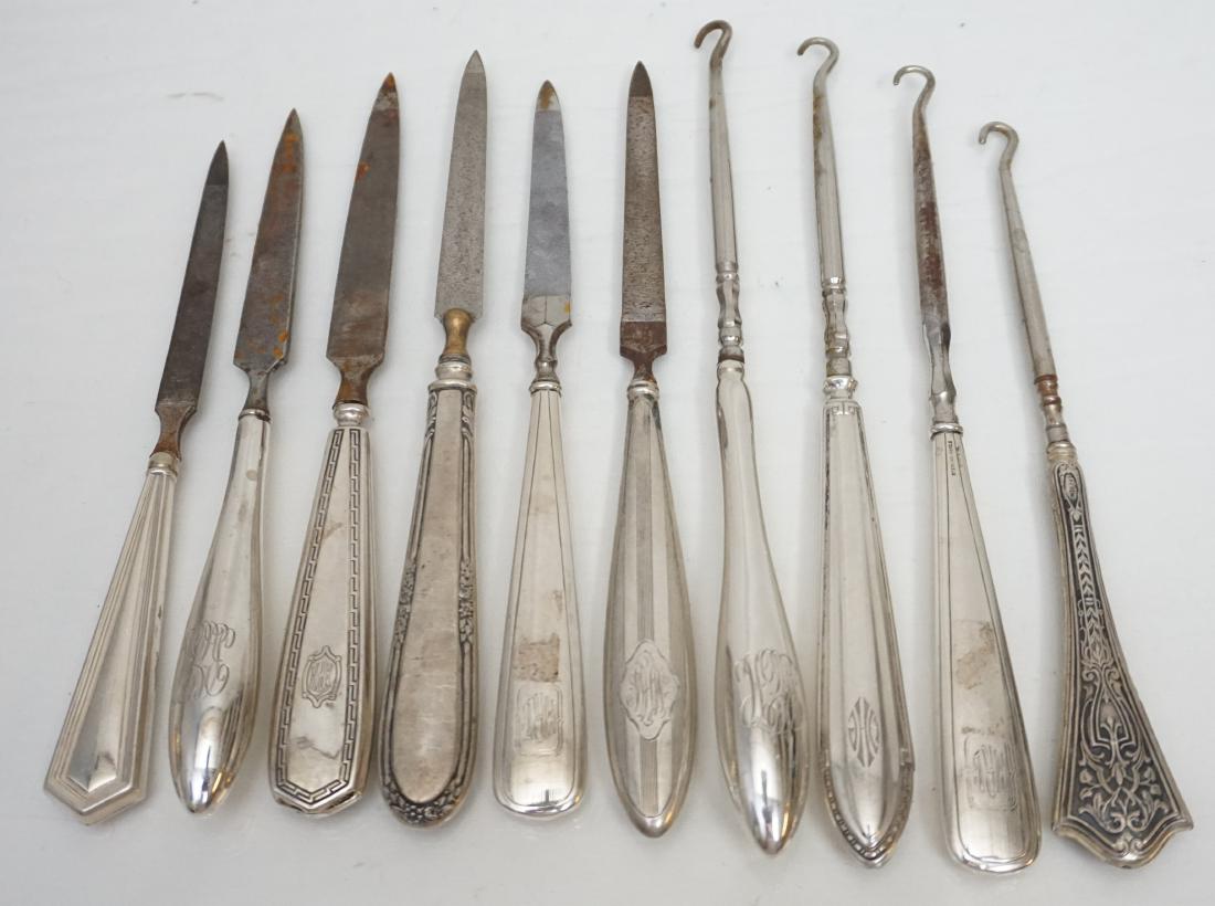 10 ANTIQUE STERLING BUTTON HOOKS & FILES: 10 Antique Victorian and Edwardian Sterling Handle Button Hooks and Nail Files. Weight 11.8 oz. PROVENANCE: A Charleston SC Private Estate.