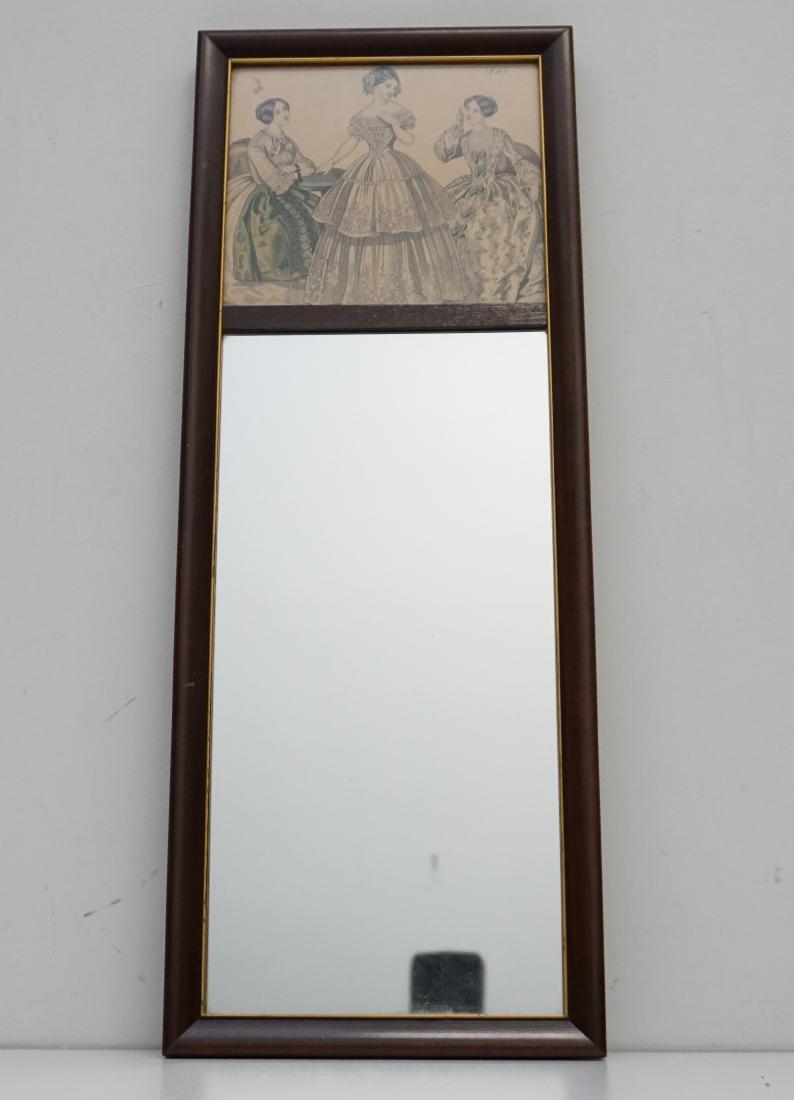 TRUMEAU WALL MIRROR W FASHION PRINT: Small Antique Trumeau Wall Mirrir with Fashion Print top. Measures 8"x21"1". Weight 2 pds. PROVENANCE: A Charleston SC Private Estate.