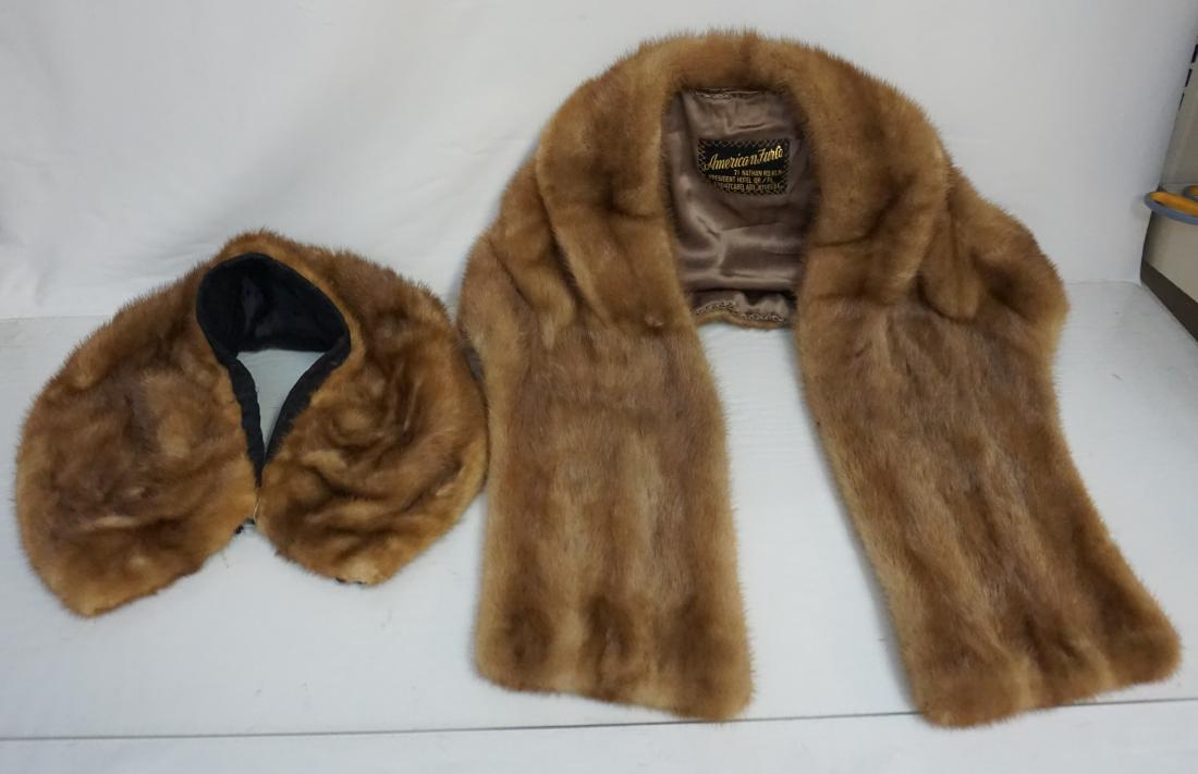 2 PC VINTAGE MINK STOLE AND COLLAR: Vintage Mink Stole and Mink Collar. Classic Mink Collar 2 hook closure, lined in black silk with wool collar top. 30"x8". Stole 2 hook closure, silk lined 57"x16". Both in good vintage condition. Weig