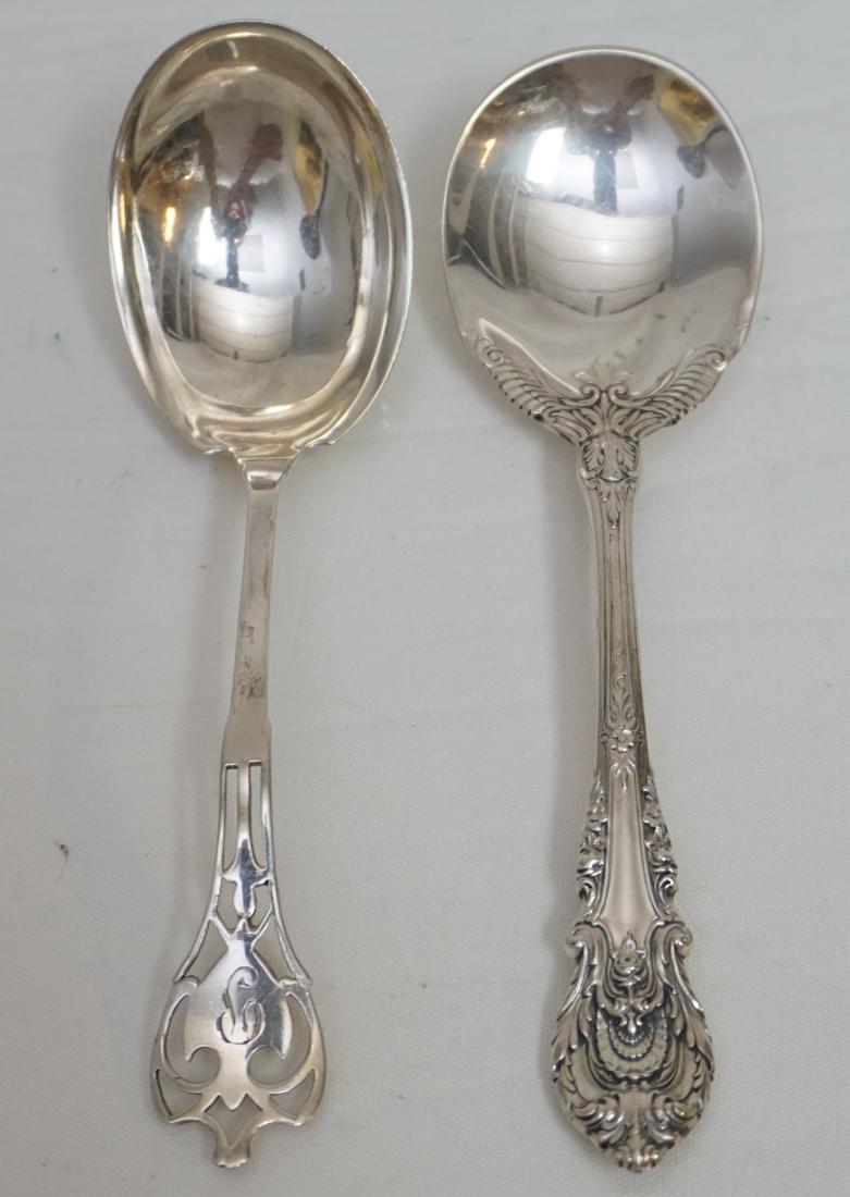 2 ANTIQUE STERLING JELLY SPOONS: 2 Antique Sterling Silver Jelly Spoons. One by Wallace, no monograms 6" and one by Watson, monogrammed 5 3/4". Weight on all 70 grams. PROVENANCE: A Charleston SC Private Estate.